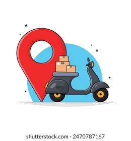 Scooter negro con cajas y Ilustración vectorial de Locación. Diseño del concepto de entrega