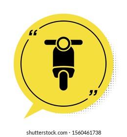 Black Scooter icon isolated on white background. Yellow speech bubble symbol. Vector Illustration