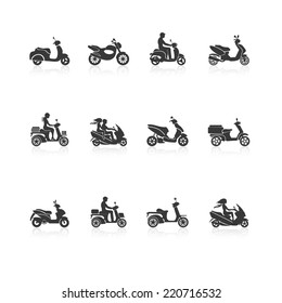 Black scooter motorcycle vehicles with people silhouettes icons set isolated vector illustration