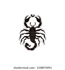 Black scorpion drawing with cartoon texture - wildlife insect animal with dangerous claws and tail. Tattoo idea or mysterious dark omen symbol, isolated vector illustration on white background