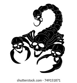 Black scorpion with a head skull (ornate), cartoon on a white background, vector