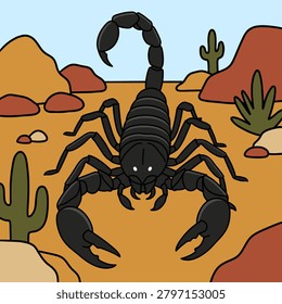 Black scorpion with a raised stinger tail in a sandy desert landscape surrounded by rocks and cacti, vector illustration