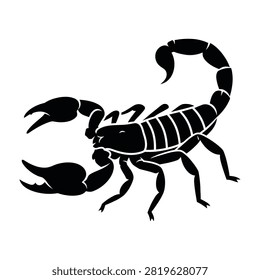Black scorpion silhouette vector illustration isolated on white background. Features segmented body, raised stinger, and pincers. Zodiac sign symbol. Suitable for design projects.