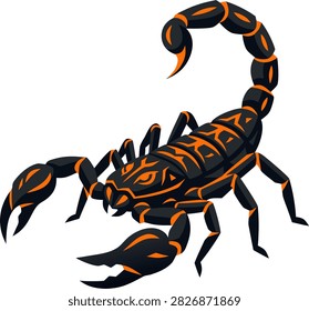 Black scorpion vector illustration with glowing orange tribal markings and sharp pincers, dynamic aggressive arthropod graphic design isolated on a white background for gaming logo, tattoo art, or mascot.