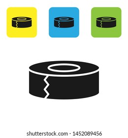 Black Scotch icon isolated on white background. Roll of adhesive tape for work and repair. Sticky packing tape. Office tool and stuff. Set icons colorful square buttons. Vector Illustration