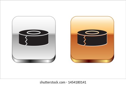 Black Scotch icon isolated on white background. Roll of adhesive tape for work and repair. Sticky packing tape. Office tool and stuff. Silver-gold square button. Vector Illustration