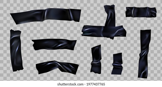 Black scotch. Ripped adhesive duct tape with wrinkles. Plastic sellotape stripes cross for fix. Realistic 3d torn sticky pieces vector set. Illustration strip sticky, scotch stick ripped
