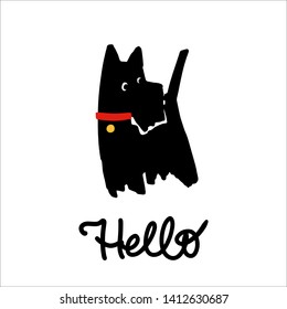 Black scotch terrier vector illustration. Hello  hand drawn lettering.