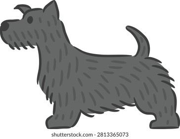 Black Scottish Terrier dog standing profile cartoon vector illustration.