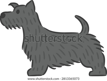 Black Scottish Terrier dog standing profile cartoon vector illustration.