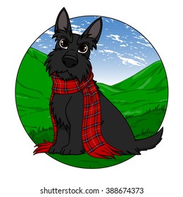 Black Scottish Terrier sitting in a tartan scarf on a background of hills