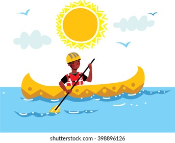 Black scout boy rowing in a canoe boat. vector. Summer kayaking children camp. 