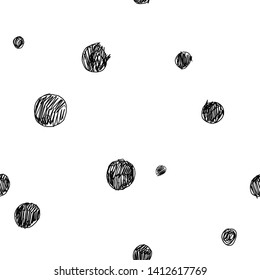 Black scratch spots on the white background. Seamless trendy vector pattern with hand drawn circles