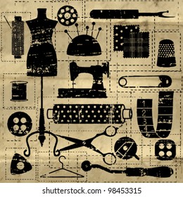 Black scratched sewing and tailoring related symbols on old paper background