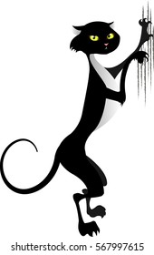 Black scratching cat. Illustration of a black cat leaving claw marks on a surface