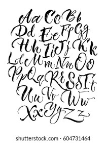 Black scrawling uppercase and lowercase alphabet letters made with brush in hand drawn style on white background flat vector illustration 