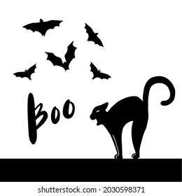 Black screaming cat with an arched back, flying bats and lettering Boo. Happy Halloween night design print card, invitation, banner. Funny hand drawing style vector illustration.