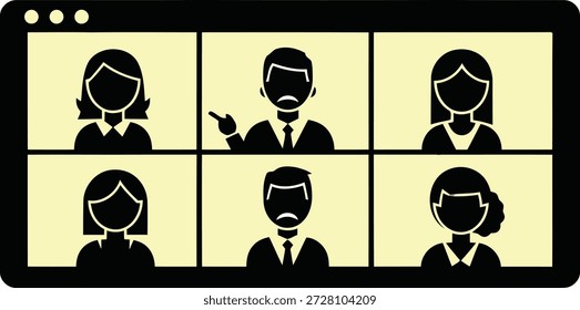 Ein schwarzer Bildschirm zeigt ein Raster von sechs blassgelben Quadraten, die jeweils eine schwarze Silhouette einer Person enthalten. Eine Person im oberen mittleren Quadrat zeigt mit dem Finger.