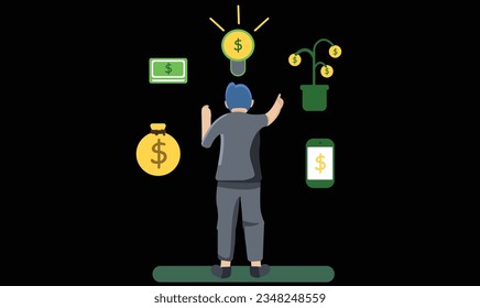 Black screen of Flat illustration human who's rotating business icon with her hand. Business man  rotating icon object. Can be usefull for business video presentation business.