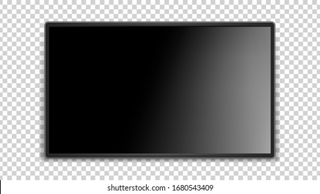 Black screen. Realistic glossy surface, dark thin LED TV. Blank television monitor vector mockup