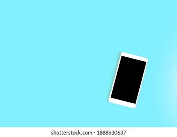 Black screen smartphone, white case placed on a blue-green background. There is a space to write messages and place objects around.