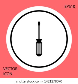 Black Screwdriver icon isolated on red background. Service tool symbol. White circle button. Vector Illustration