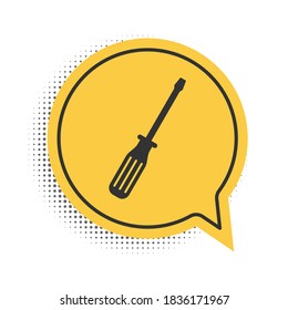 Black Screwdriver icon isolated on white background. Yellow speech bubble symbol. Vector.