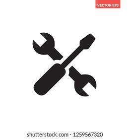 Black screwdriver & wrench crossed icon, tools needed, simple professional equipment flat design infographic pictogram vector, app logo web button ui ux interface elements isolated on white background