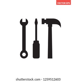 Black screwdriver, wrench & hammer tools icon, used as simple clear sign & personal logo, glyphs flat design vector eps 10 isolated on white background