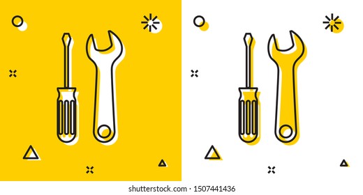 Black Screwdriver and wrench tools icon isolated on yellow and white background. Service tool symbol. Random dynamic shapes. Vector Illustration