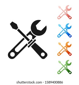 Black Screwdriver and wrench tools icon isolated on white background. Service tool symbol. Set icons colorful. Vector Illustration