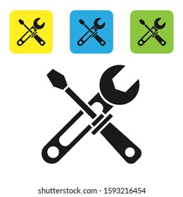 Black Screwdriver and wrench tools icon isolated on white background. Service tool symbol. Set icons colorful square buttons. Vector Illustration
