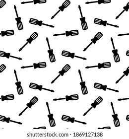 Black screwdrivers isolated on white background. Monochrome seamless pattern. Vector flat graphic illustration. Texture.