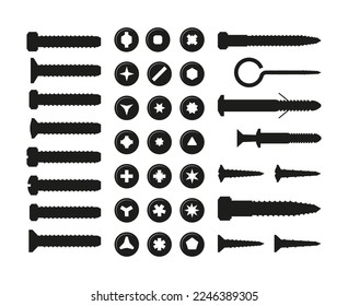 Black screws and bolts. Wall plug nail and nuts silhouettes repairing fasten tools, cartoon building carpentry supplies, wood and metal joints. Illustration of nut and screw