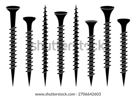 Black screws with spiral threads and flared heads fasteners