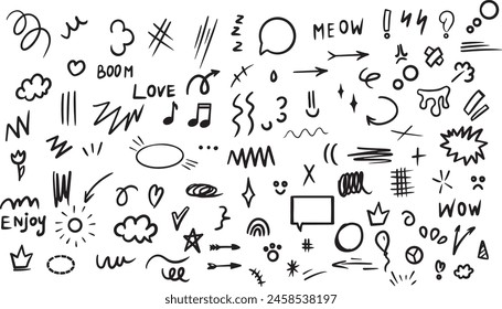 Black scribble doodle underline line shape set white isolated background. Doodle big set collection of scribble lines and brush strokes in childish drawing style.
