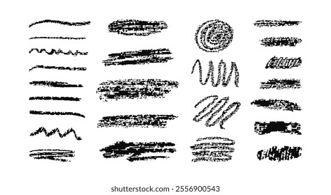 Black Scribble grunge pencil underlines. Chalk texture highlight. Rough brush strokes for notes isolated on white background. Crayon element.