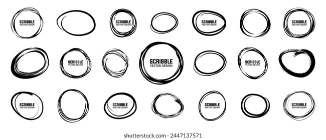 Black scribble round frame collection. Hand drawn circle line sketch. Hand drawn doodle grunge circle highlights. Hand drawn ellipse doodles