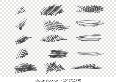 Black scribble vector illustrations set. Messy ink pen strokes, chaotic drawings pack. Various zigzag, curling and criss crossed lines isolated on transparent backdrop. Freehand scrawls collection