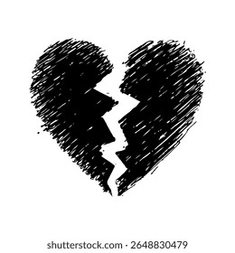 Black scribbled broken heart with jagged crack in center, hand-drawn sketch style on white background, symbolizing heartbreak or sadness