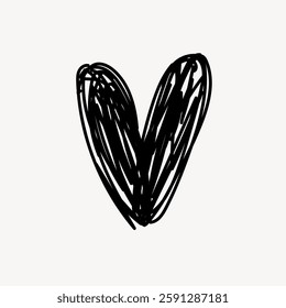 Black scribbled heart on white background. The heart is hand-drawn, creating a simple, artistic feel. Scribbled heart adds a touch of creativity and charm. Love element vector.