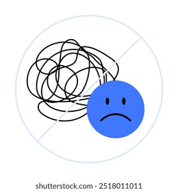 Black scribbles, blue sad face, diagonal line, circular frame, simple style. Ideal for mental health awareness, stress representation, depression, emotional states, negative thoughts, vector art.