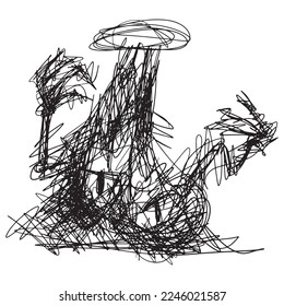 Black scribbles depicting ghost figures