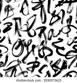 Black scribbles vector seamless pattern. Imitation of Japanese and Chinese characters. Calligraphic curly lines. Hand drawn modern abstract line shapes. Wavy and swirled brush strokes
