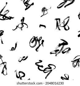 Black scribbles vector seamless pattern. Imitation of Japanese and Chinese characters. Calligraphic curly lines. Hand drawn modern abstract line shapes. Wavy and swirled brush strokes