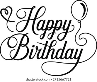 Texto de feliz cumpleaños con escritura negra con celebración de globos