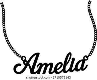 Black Script Name Necklace Pendant ' Amelia' on White Background Keywords amelia, name, necklace, pendant, jewelry, script, font, lettering, personalized, custom