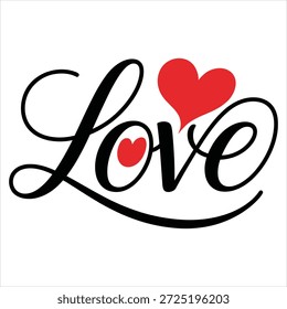 Schwarzes Skript Word Love mit roten Herzen, Vektorgrafik