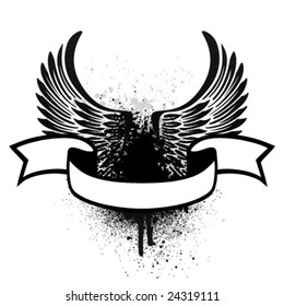 Black scroll banner with wings and grunge background