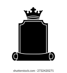 Rolo preto e emblema da coroa, decreto real ou banner de prêmio, elemento de design heráldico vintage, vetor.
